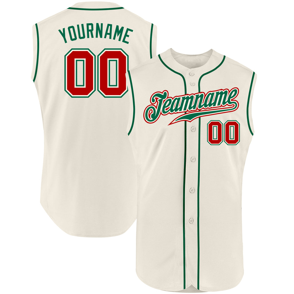 Custom Cream Red-Kelly Green Authentic Sleeveless Baseball Jersey