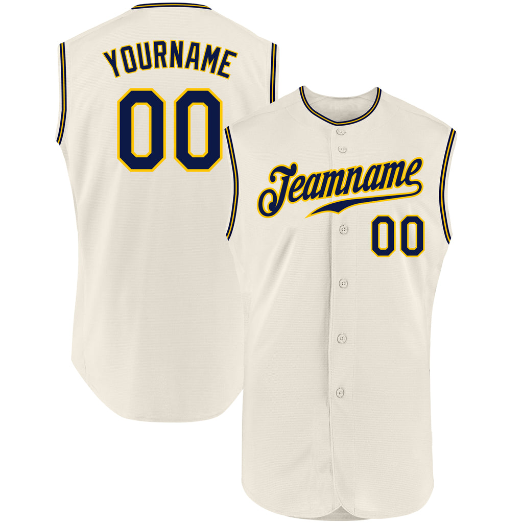 Custom Cream Navy-Gold Authentic Sleeveless Baseball Jersey