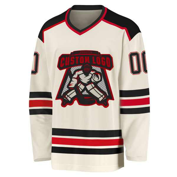 Custom Cream Black-Red Hockey Jersey