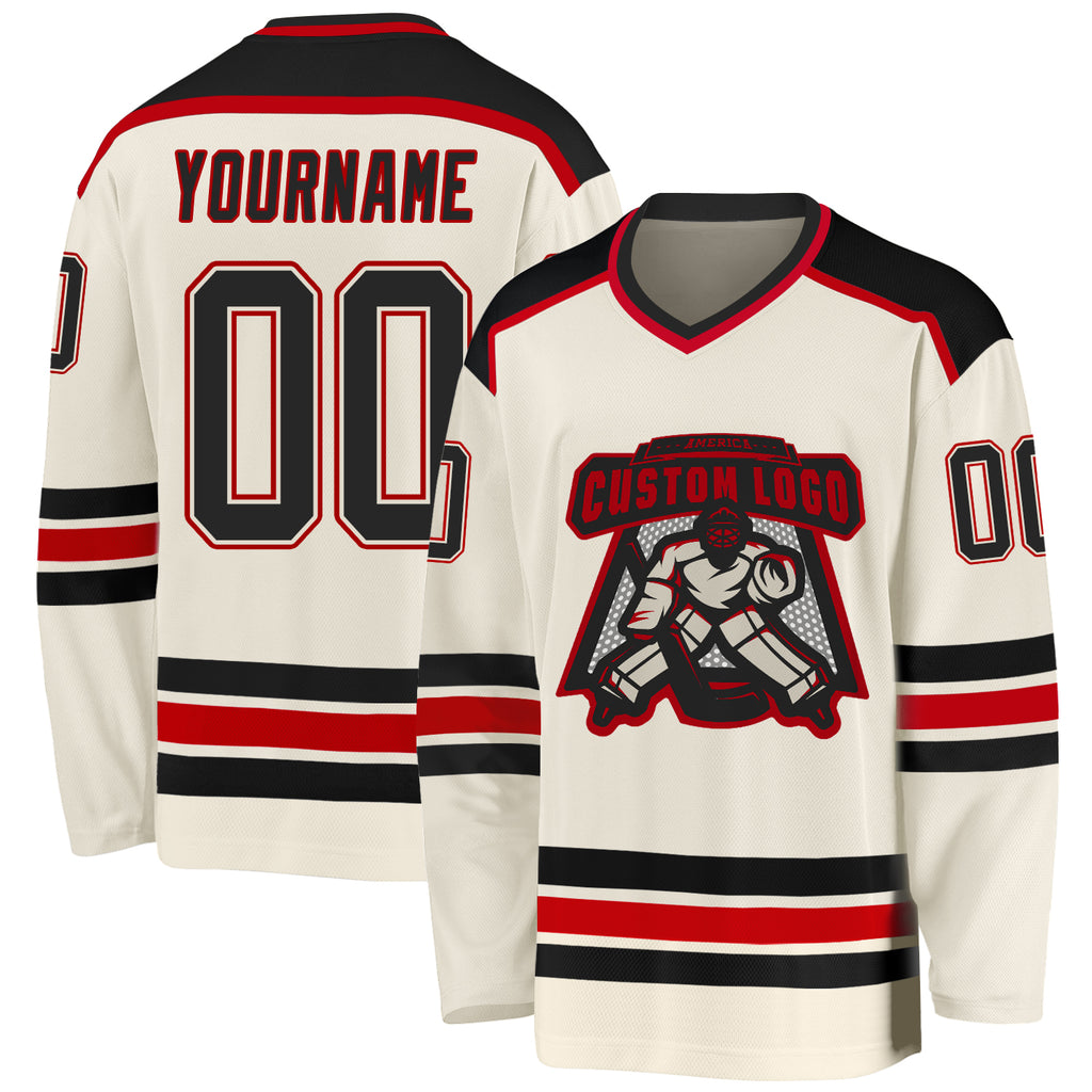 Custom Cream Black-Red Hockey Jersey