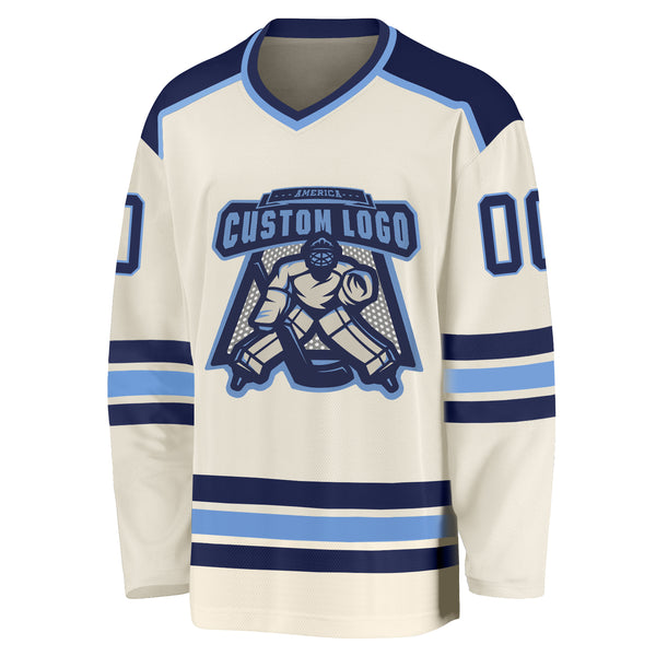 Custom Cream Navy-Light Blue Hockey Jersey