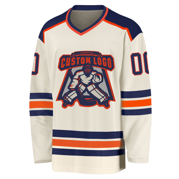 Custom Cream Navy-Orange Hockey Jersey