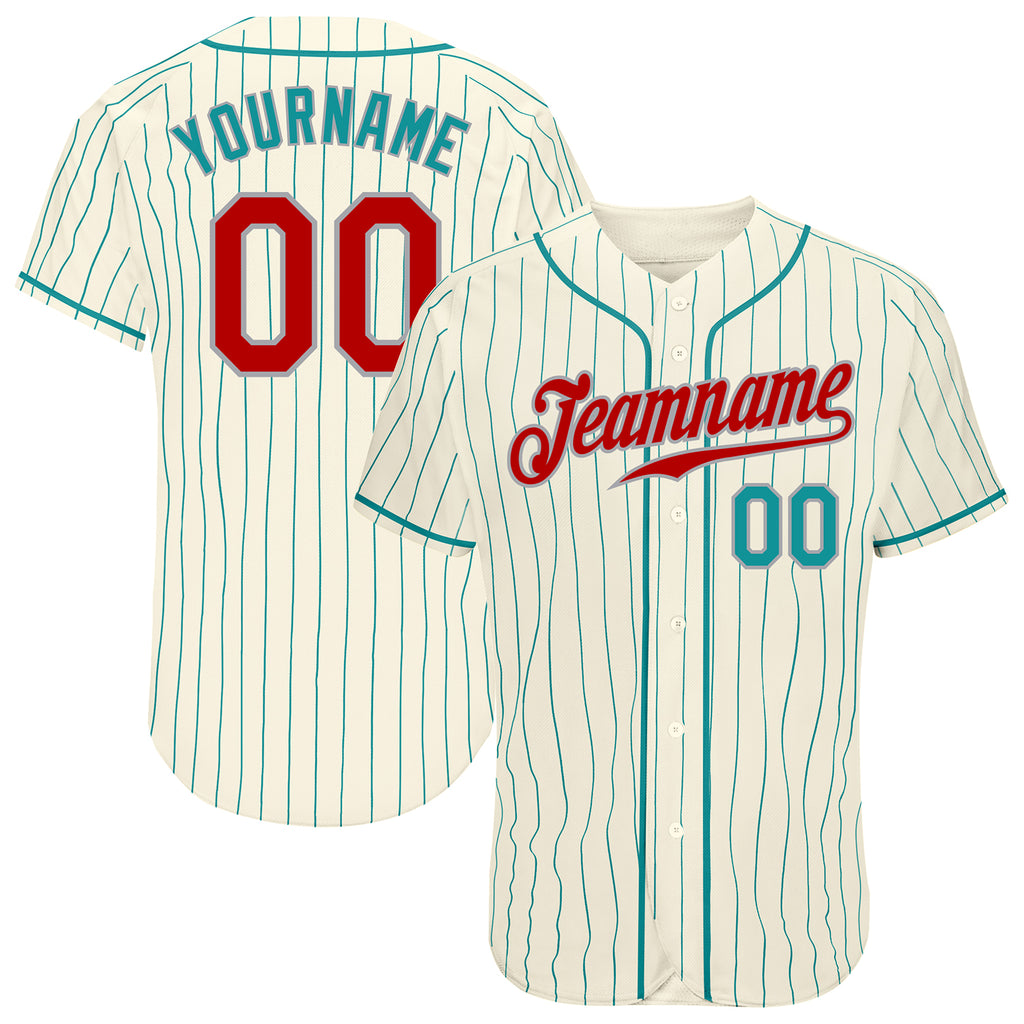 Custom Cream Teal Pinstripe Red Teal-Gray Authentic Baseball Jersey