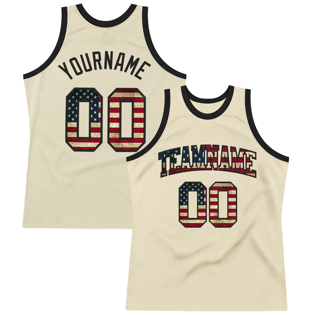 Custom Cream Vintage USA Flag-Black Authentic Throwback Basketball Jersey