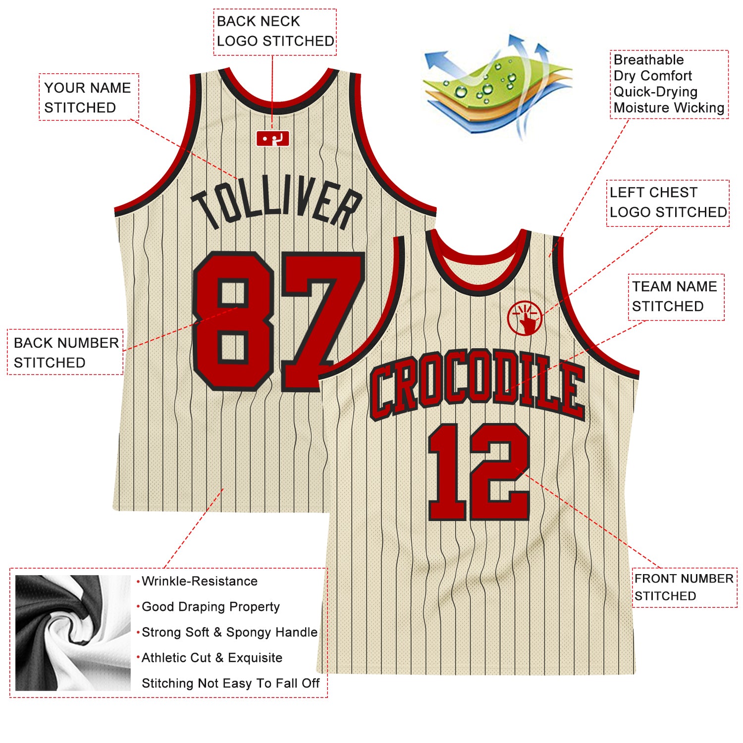 Custom Cream Black Pinstripe Red Authentic Basketball Jersey