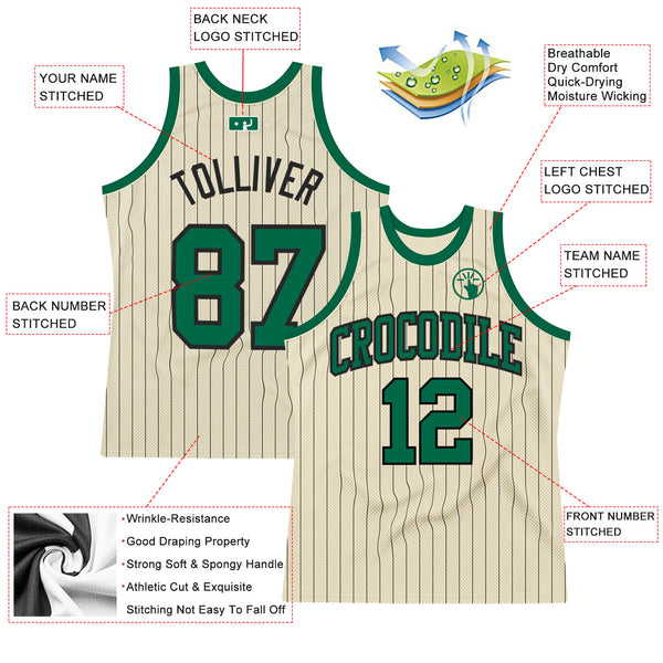 Custom Cream Black Pinstripe Kelly Green Authentic Basketball Jersey