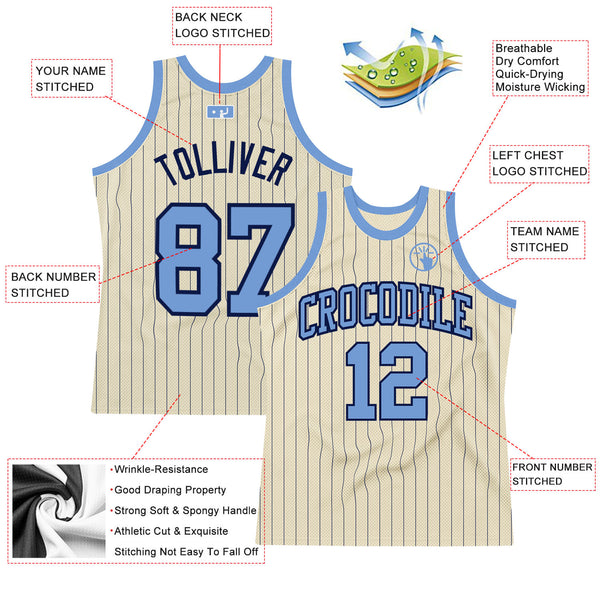 Custom Cream Navy Pinstripe Light Blue Authentic Basketball Jersey