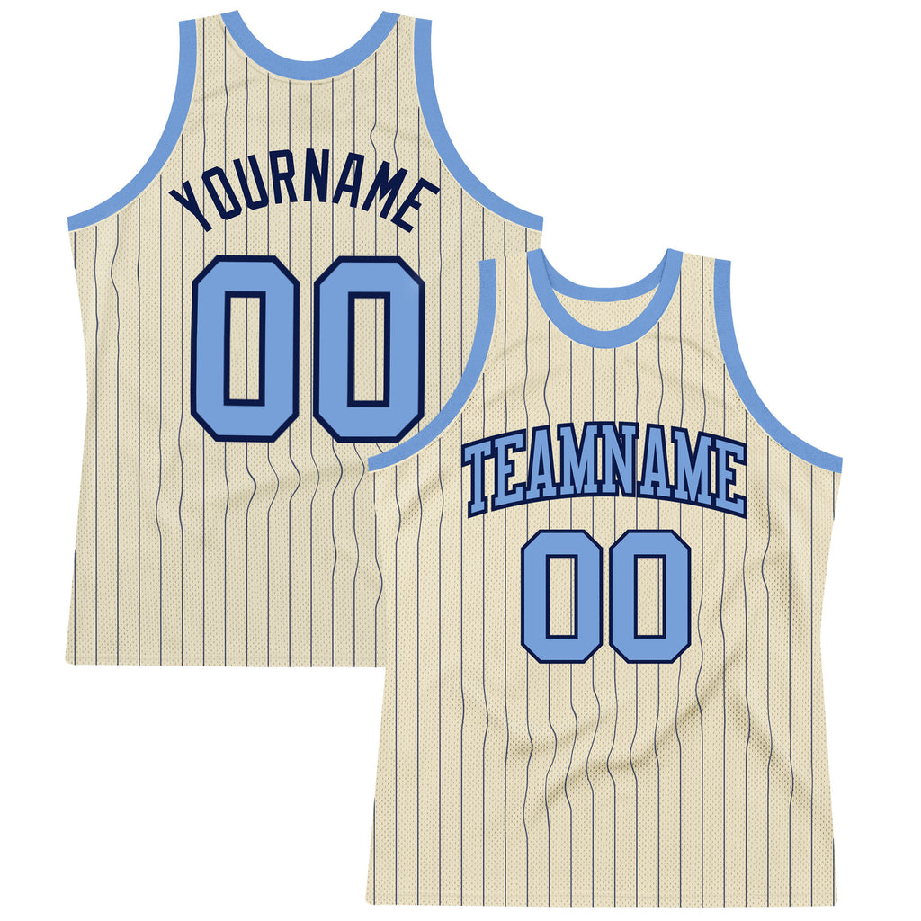 Custom Cream Navy Pinstripe Light Blue Authentic Basketball Jersey