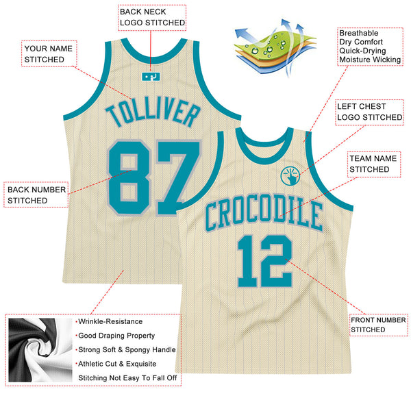 Custom Cream Gray Pinstripe Teal Authentic Basketball Jersey