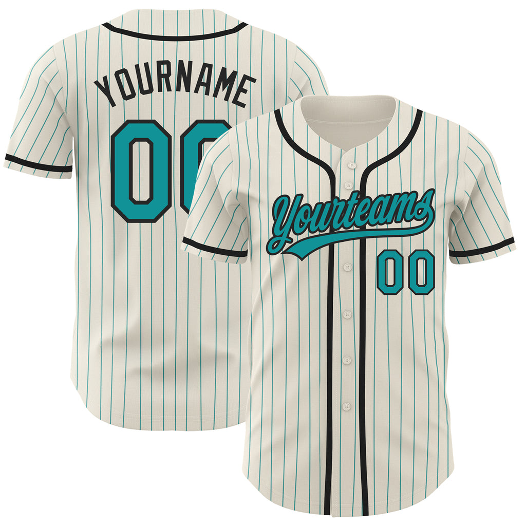 Custom Cream Teal Pinstripe Black Authentic Baseball Jersey