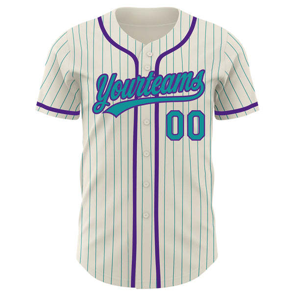 Custom Cream Teal Pinstripe Purple Authentic Baseball Jersey