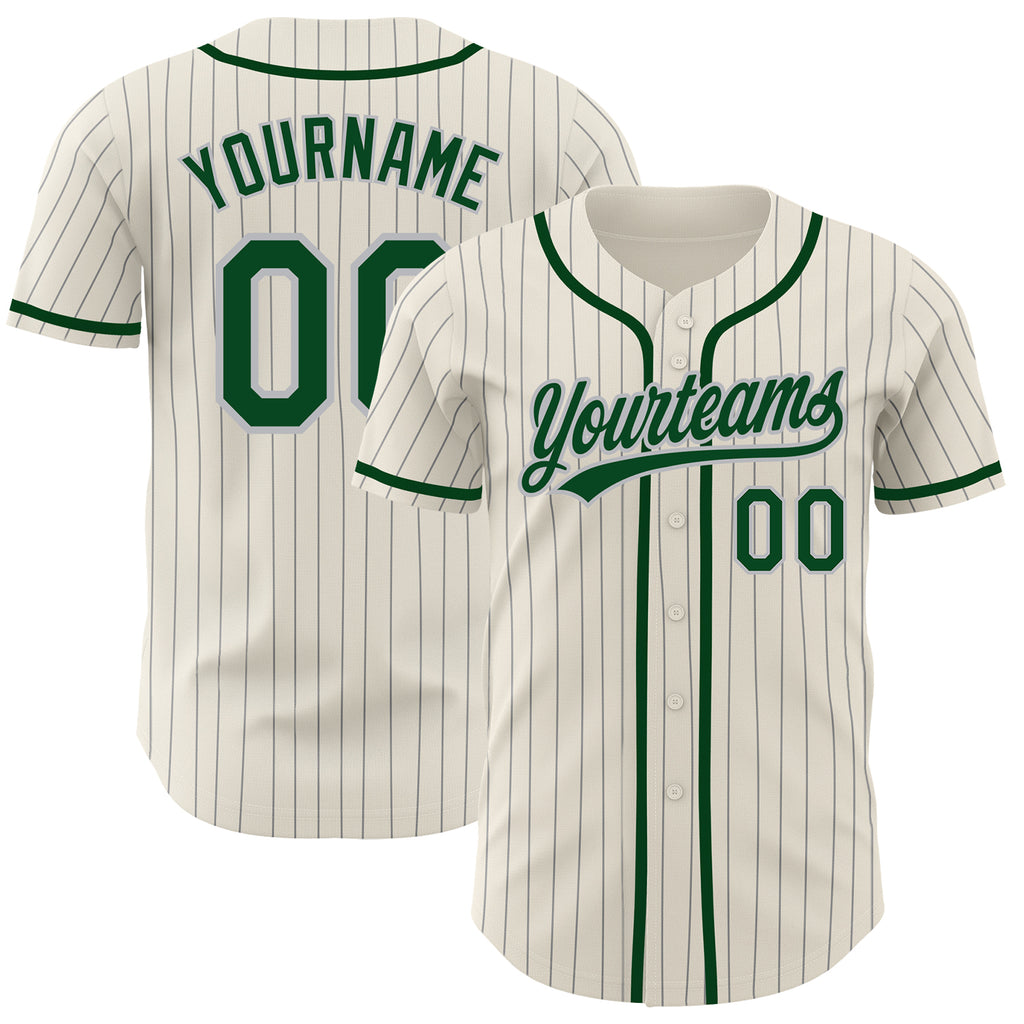 Custom Cream Gray Pinstripe Green Authentic Baseball Jersey