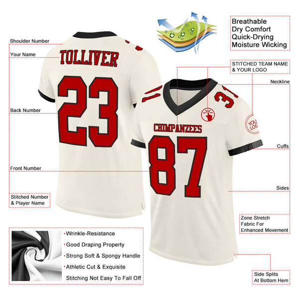 Custom Cream Red-Black Mesh Authentic Football Jersey