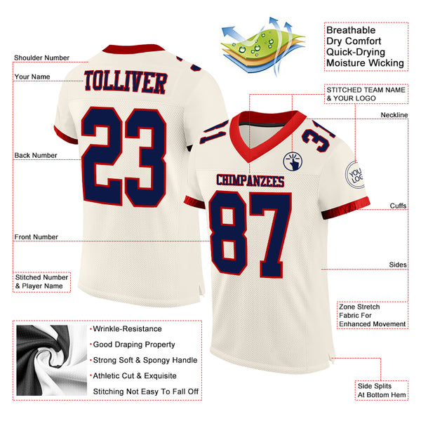 Custom Cream Navy-Red Mesh Authentic Football Jersey