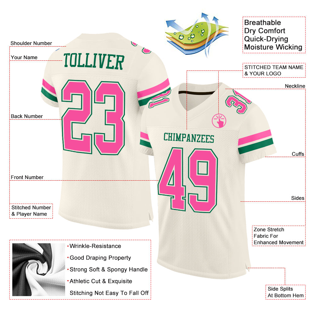 Custom Cream Pink-Kelly Green Mesh Authentic Football Jersey - Image 2