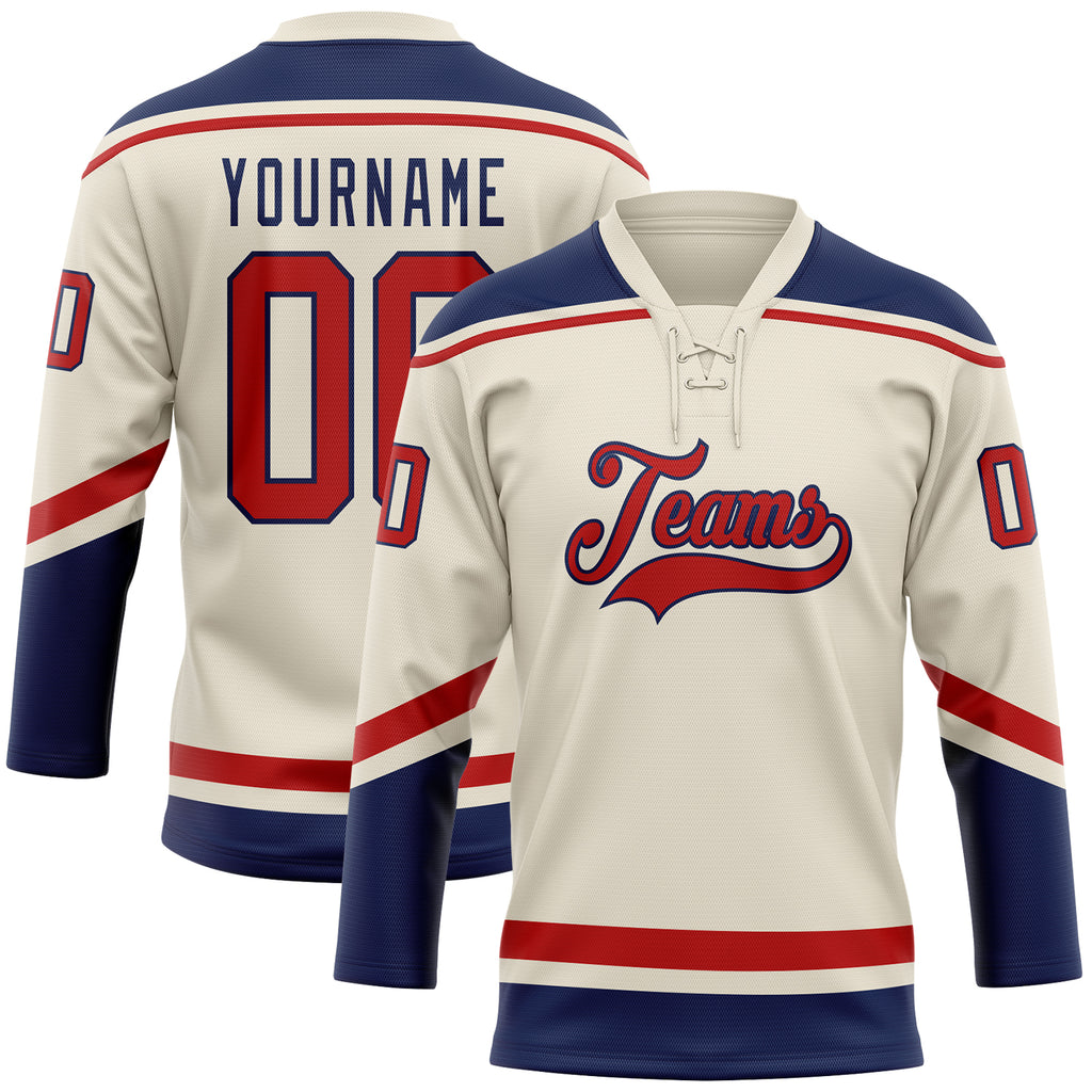 Custom Cream Red-Navy Hockey Lace Neck Jersey