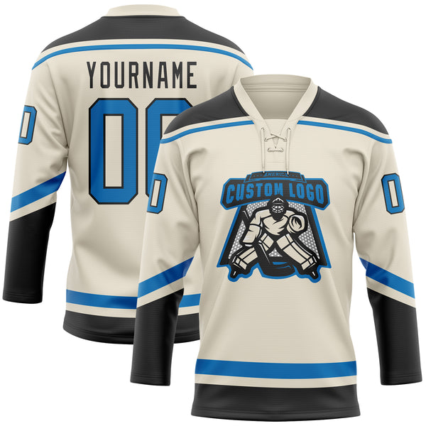 Custom Cream Blue-Black Hockey Lace Neck Jersey