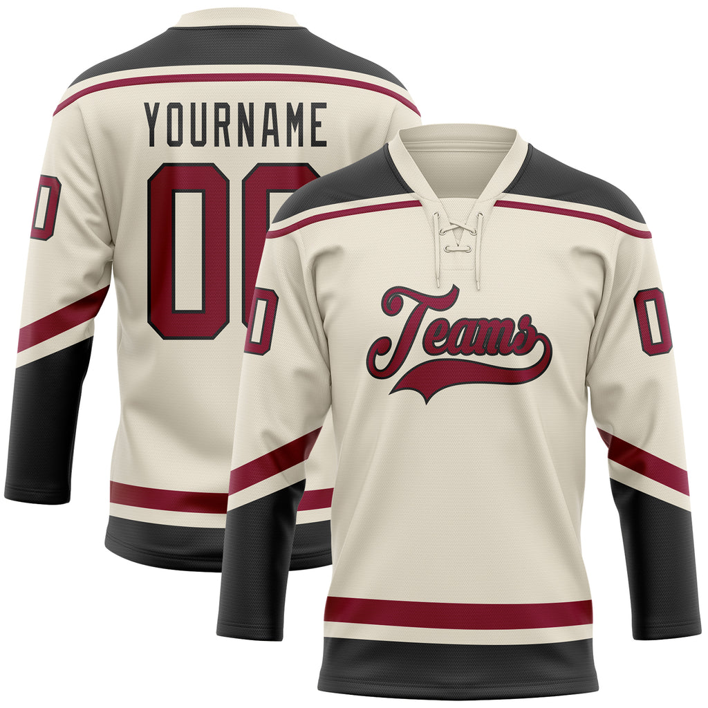 Custom Cream Maroon-Black Hockey Lace Neck Jersey