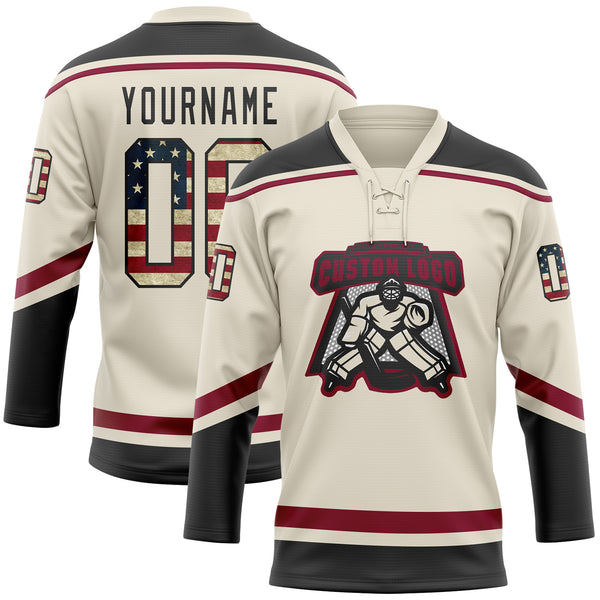 Custom Cream Vintage USA Flag Black-Maroon Hockey Lace Neck Jersey