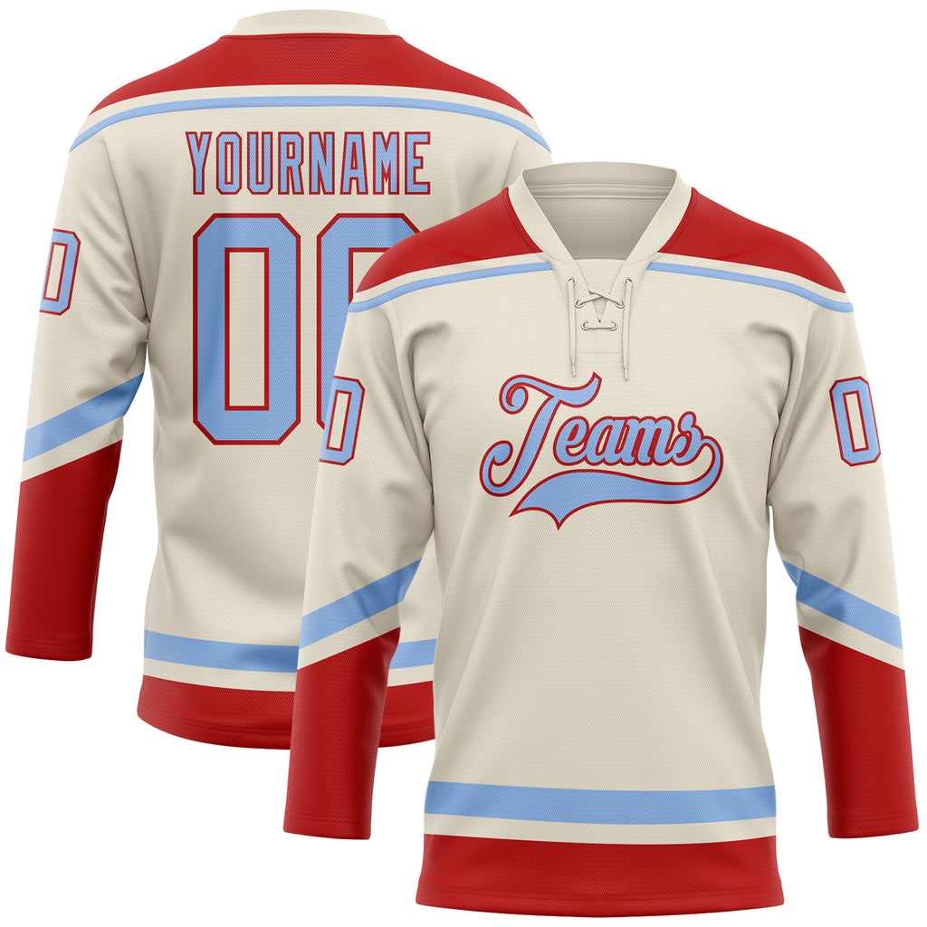 Custom Cream Light Blue-Red Hockey Lace Neck Jersey