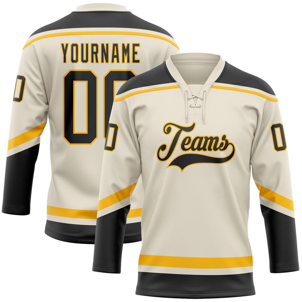 Custom Cream Black-Gold Hockey Lace Neck Jersey