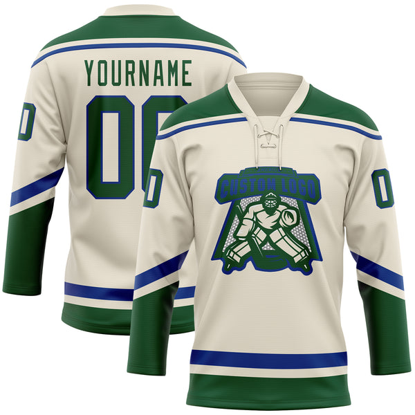 Custom Cream Green-Royal Hockey Lace Neck Jersey