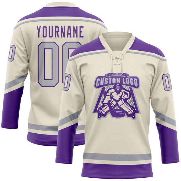 Custom Cream Gray-Purple Hockey Lace Neck Jersey