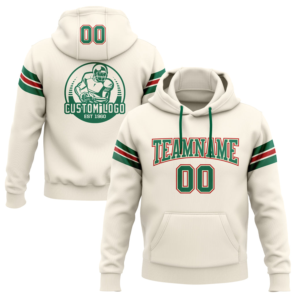 Custom Stitched Cream Kelly Green-Red Football Pullover Sweatshirt Hoodie