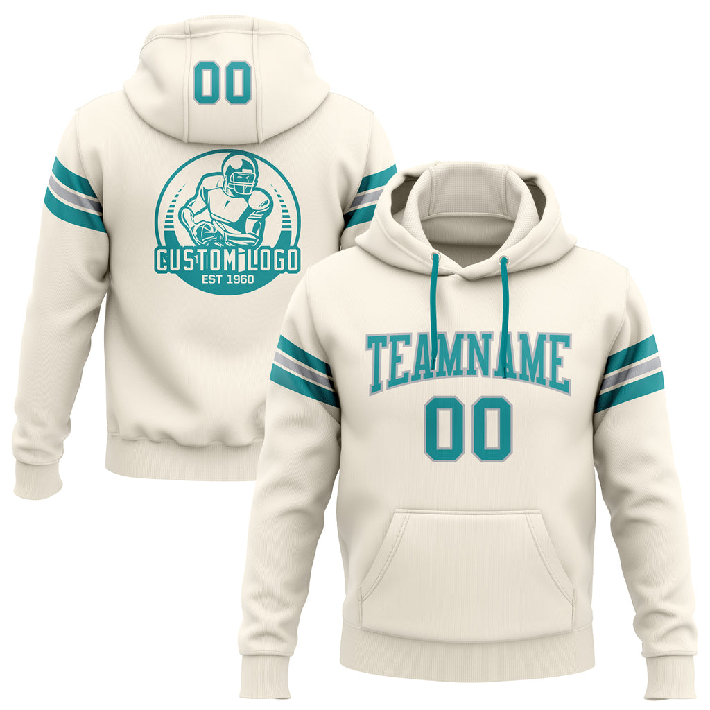 Custom Stitched Cream Teal-Gray Football Pullover Sweatshirt Hoodie