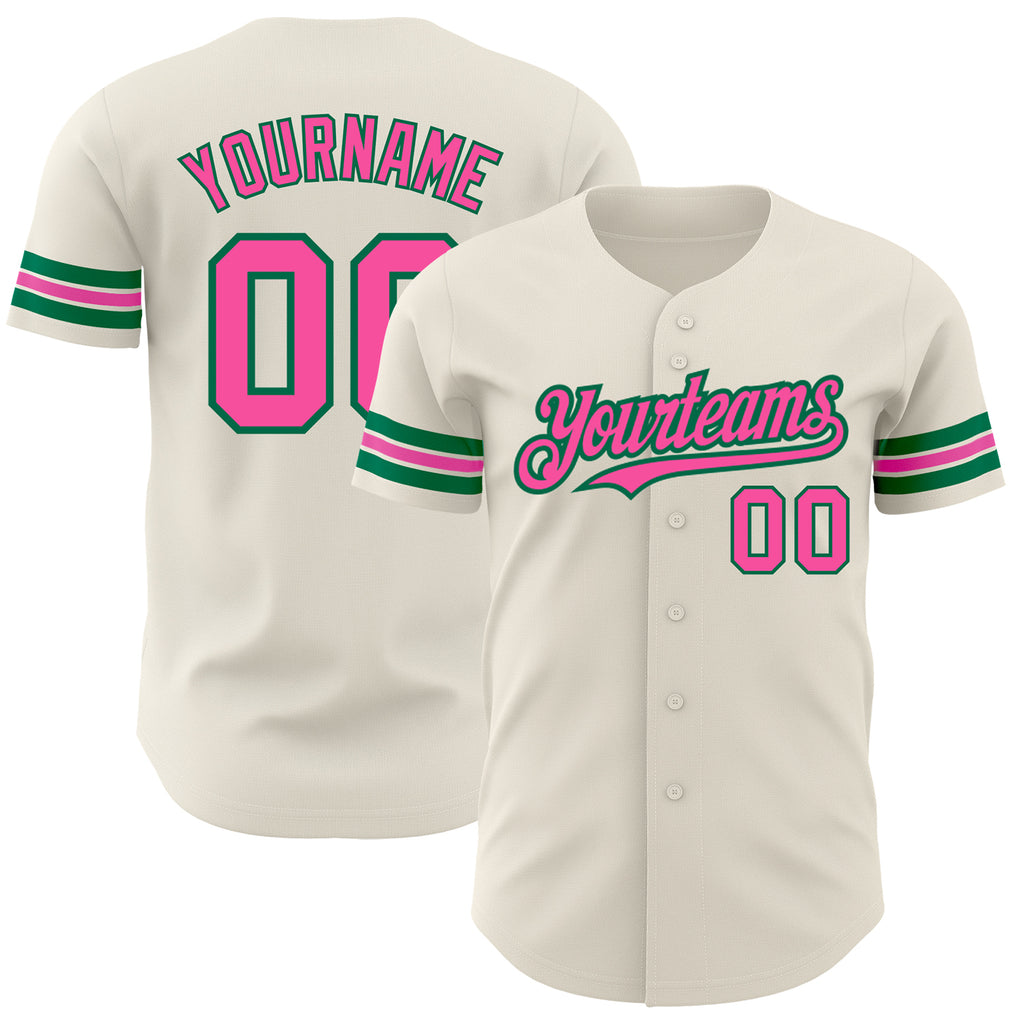 Custom Cream Pink-Kelly Green Authentic Baseball Jersey