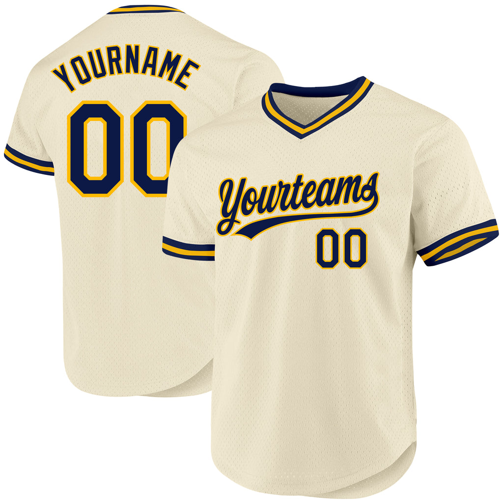 Custom Cream Navy-Gold Authentic Throwback Baseball Jersey