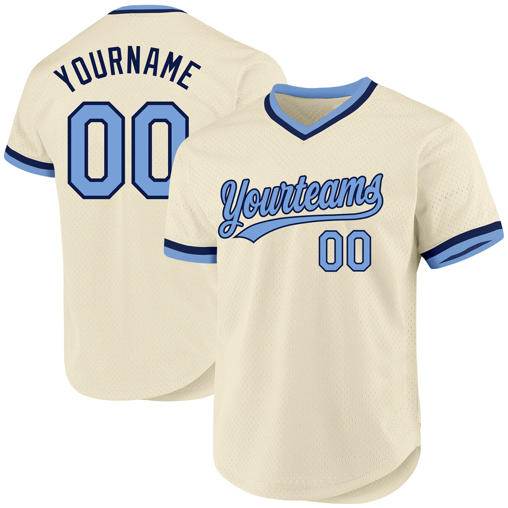 Custom Cream Light Blue-Navy Authentic Throwback Baseball Jersey