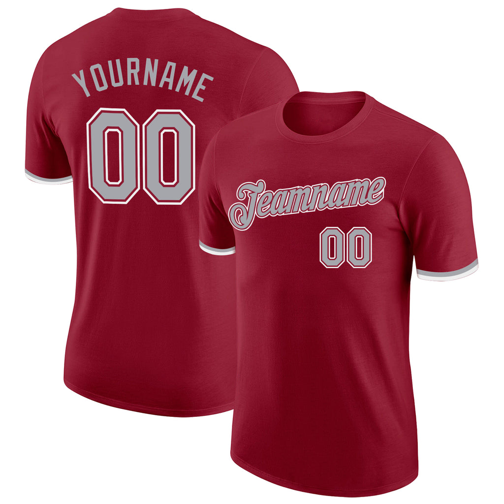 Custom Crimson Gray-White Performance T-Shirt