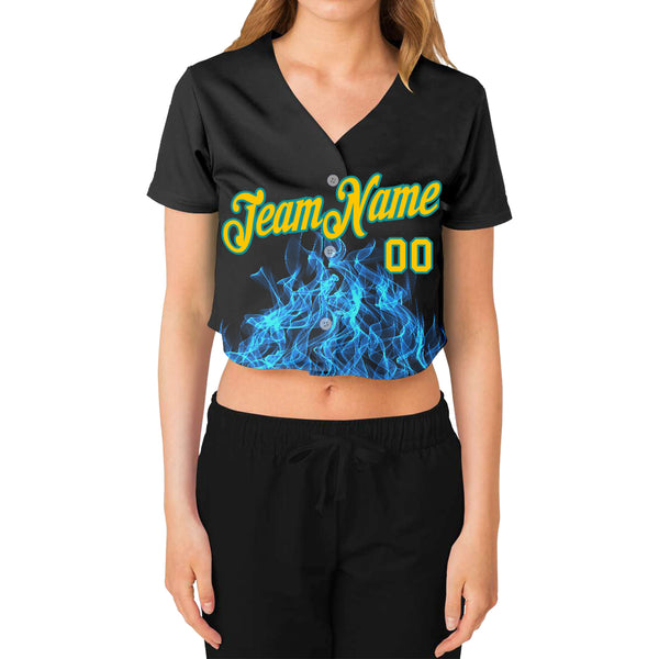 Custom Women's Black Gold-Aqua Flame 3D V-Neck Cropped Baseball Jersey