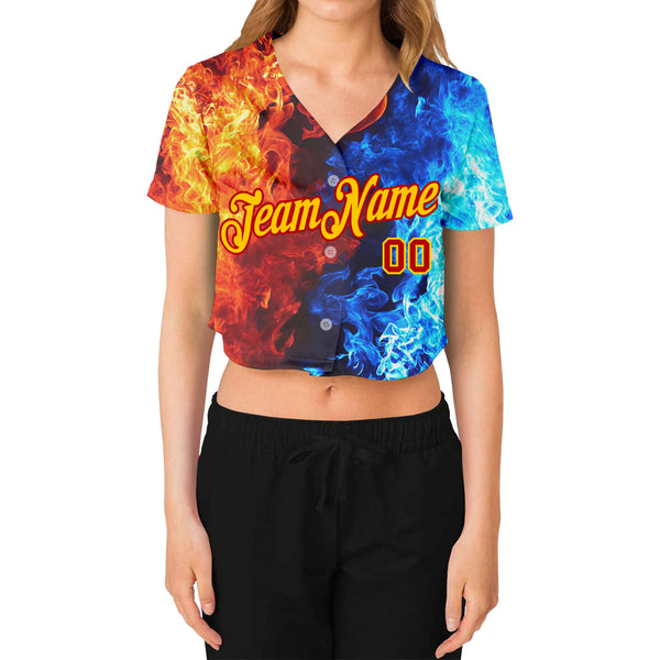 Custom Women's Red Gold Royal-Light Blue Flame 3D V-Neck Cropped Baseball Jersey