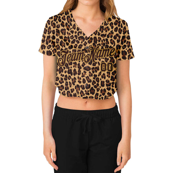 Custom Women's Brown Brown-Old Gold Leopard 3D V-Neck Cropped Baseball Jersey