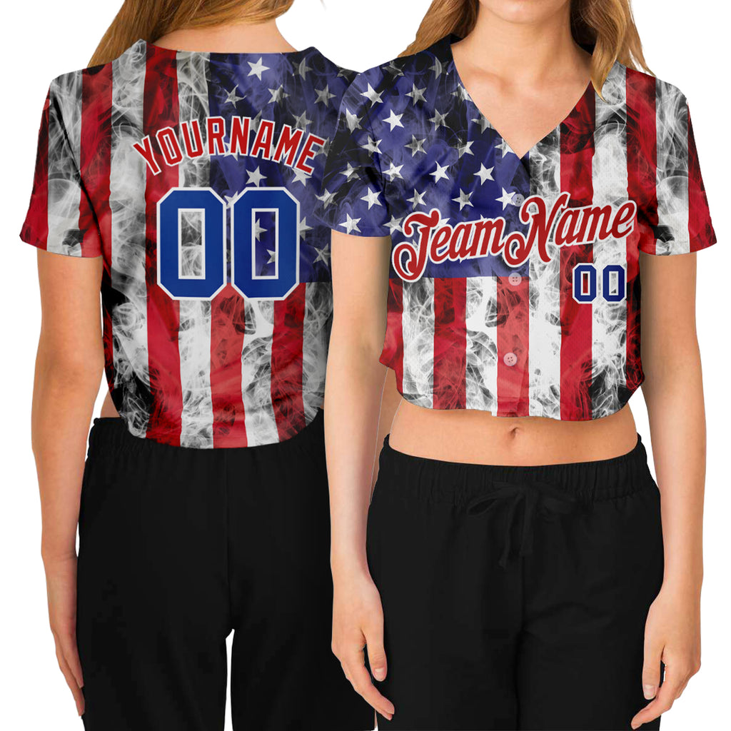 Custom Women's White Royal-Red American Flag Fashion 3D V-Neck Cropped Baseball Jersey