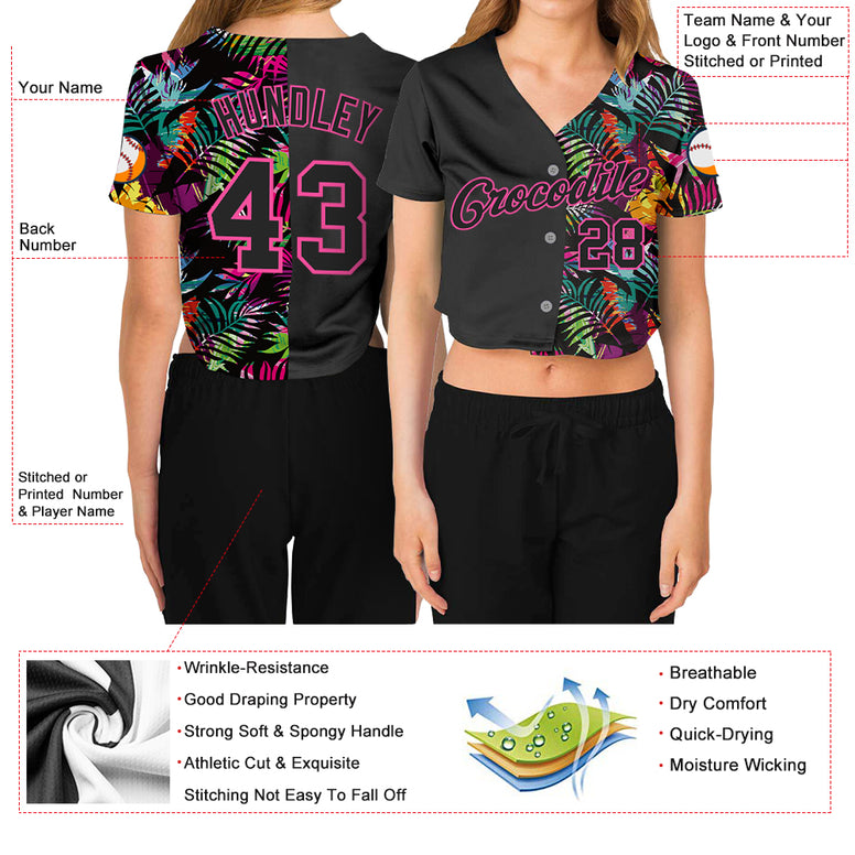 Custom Women's Black Black-Pink Tropical Palm Leaves 3D V-Neck Cropped Baseball Jersey