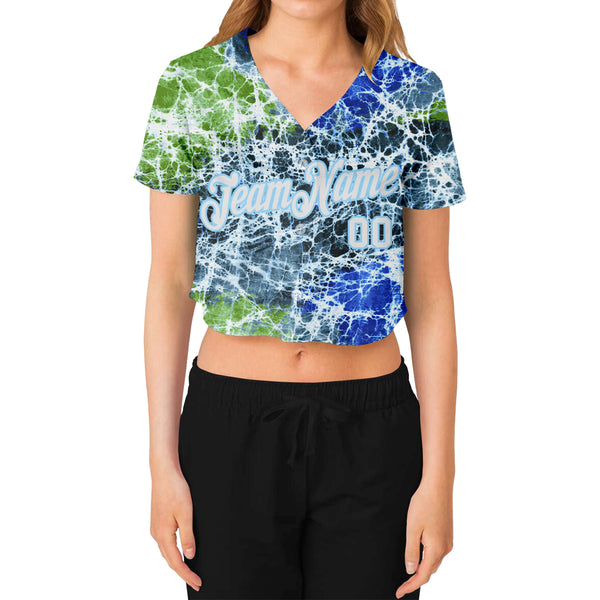 Custom Women's Tie Dye White-Light Blue Abstract Art 3D V-Neck Cropped Baseball Jersey