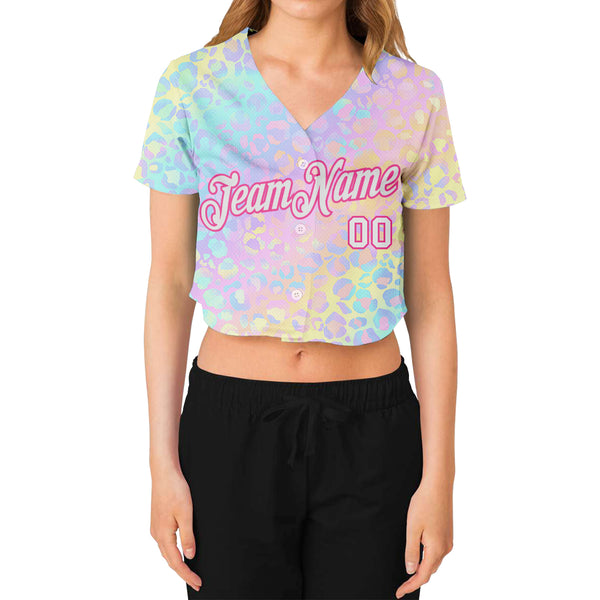 Custom Women's Pink White Leopard 3D V-Neck Cropped Baseball Jersey