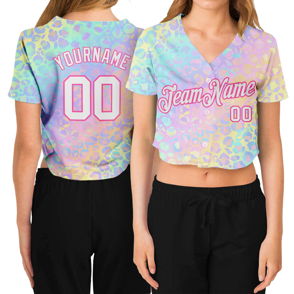 Custom Women's Pink White Leopard 3D V-Neck Cropped Baseball Jersey