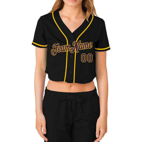 Custom Women's Black Purple-Gold V-Neck Cropped Baseball Jersey