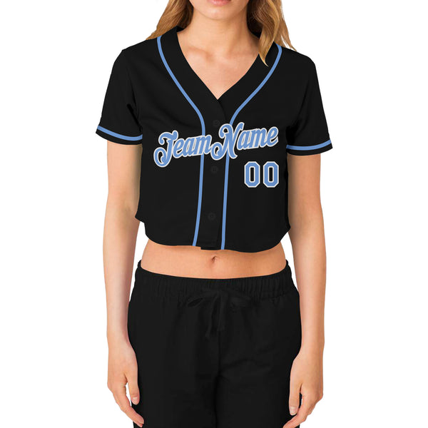 Custom Women's Black Light Blue-White V-Neck Cropped Baseball Jersey