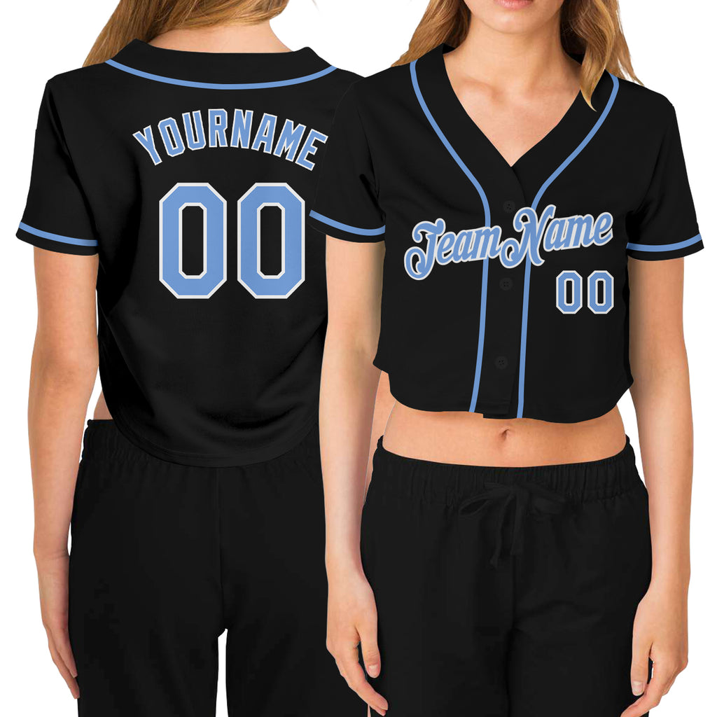 Custom Women's Black Light Blue-White V-Neck Cropped Baseball Jersey