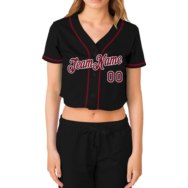 Custom Women's Black Crimson-White V-Neck Cropped Baseball Jersey