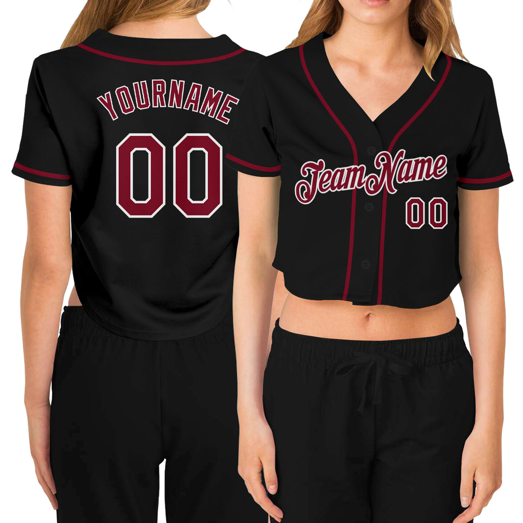 Custom Women's Black Crimson-White V-Neck Cropped Baseball Jersey