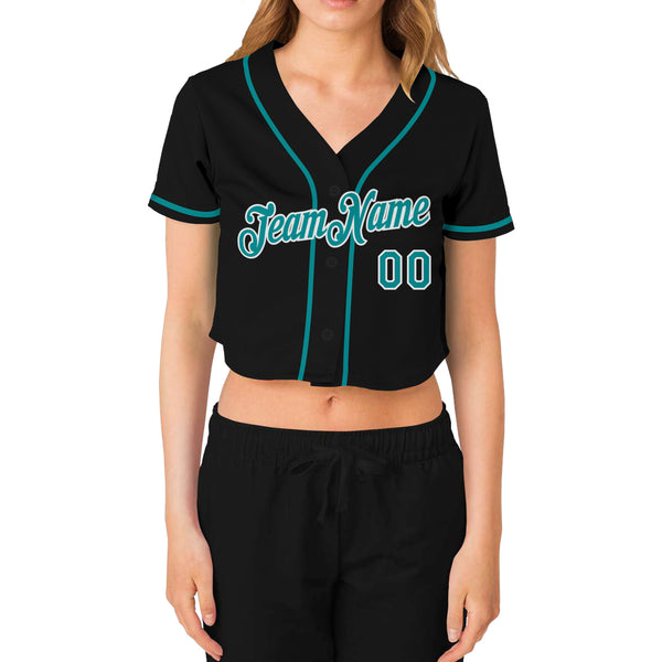 Custom Women's Black Aqua-White V-Neck Cropped Baseball Jersey