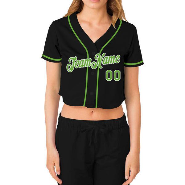 Custom Women's Black Neon Green-White V-Neck Cropped Baseball Jersey