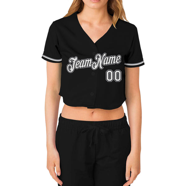 Custom Women's Black White-Gray V-Neck Cropped Baseball Jersey