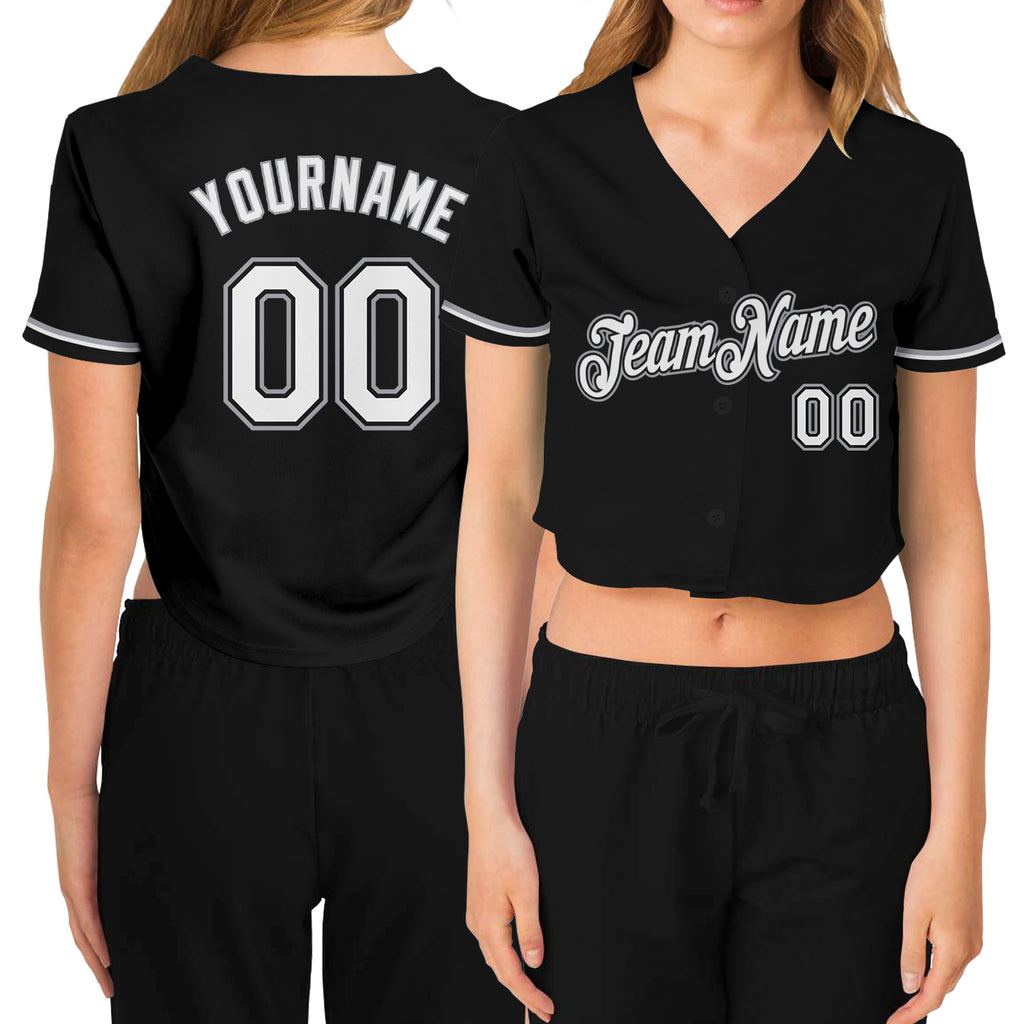 Custom Women's Black White-Gray V-Neck Cropped Baseball Jersey